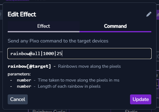Edit Effect node dialog - edit command
